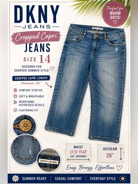 DKNY Jeans Women’s Size 14 Blue Wash Cropped Capri Stretch Denim Jeans Distresse